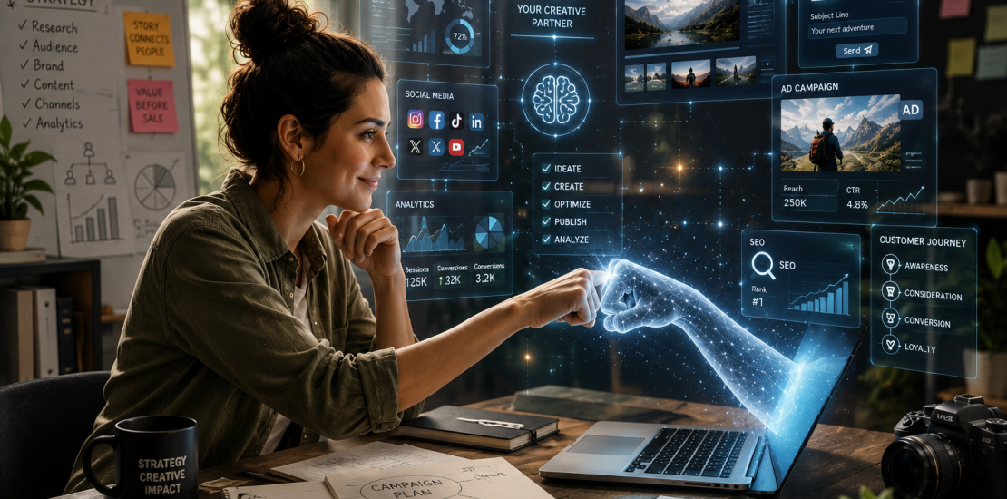 Creative professionals using generative AI tools to generate content ideas, improve productivity, and enhance digital marketing strategies